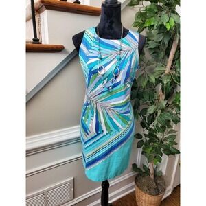 London Times Women's Blue Cotton Round Neck Sleeveless Knee Length Dress Size 8